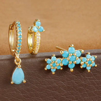 Elegant Zircon Water Drop Earrings Set for Women Stainless Steel Floral Hoops