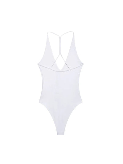 Women Solid Backless Bodysuit Slim V Neck Sling Top