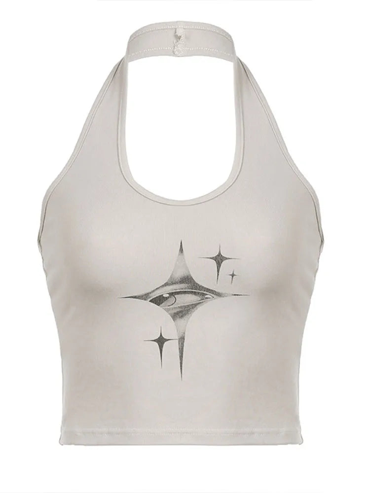 Y2K Devil Eyes Retro Print Hanging Neck Suspender Vest Top