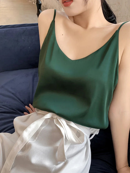 Women Satin V Neck Chiffon Camisole Tank Top Casual