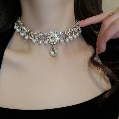 Crystal Water Drop Pendant Necklace for Women with Pearl Collarbone Chain