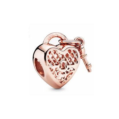 Rose Gold Padlock Heart Key Pendant Necklace for Women 925 Silver with Zircon Beads P259-R