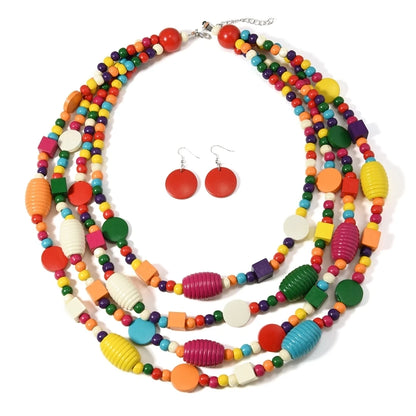 Bohemian African Jewelry Set with Geometric Multilayer Wooden Beads Necklace and Earrings for Women