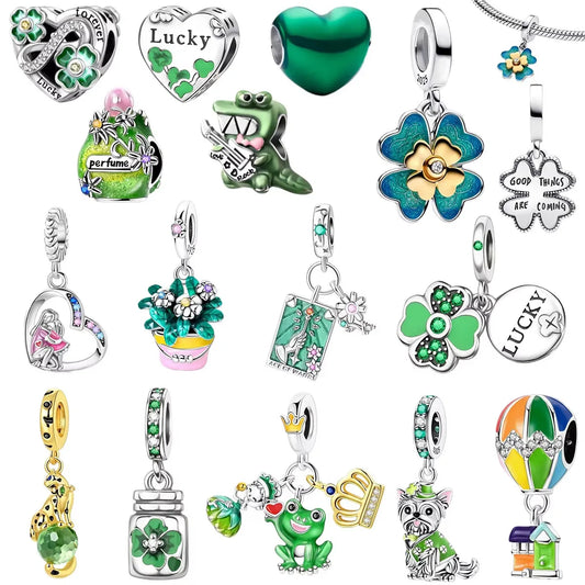 925 Sterling Silver Green Heart Clover Dinosaur Hot Air Balloon Charms for DIY Bracelets Fine Zircon Jewelry