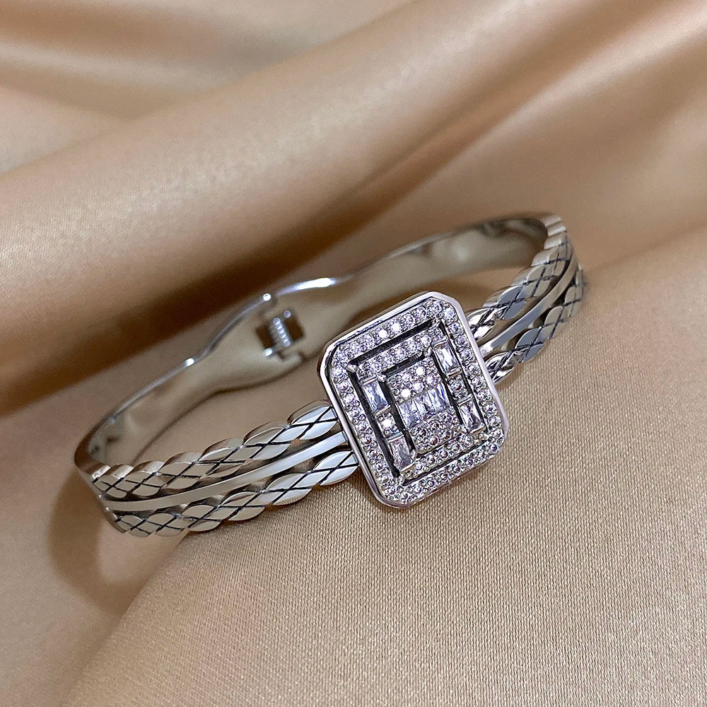 Square Stainless Steel Bangle Bracelet with Rhinestones for Women Cuff Fashion Waterproof Jewelry Gifts