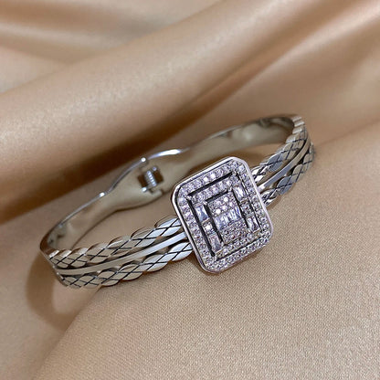 Square Stainless Steel Bangle Bracelet with Rhinestones for Women Cuff Fashion Waterproof Jewelry Gifts