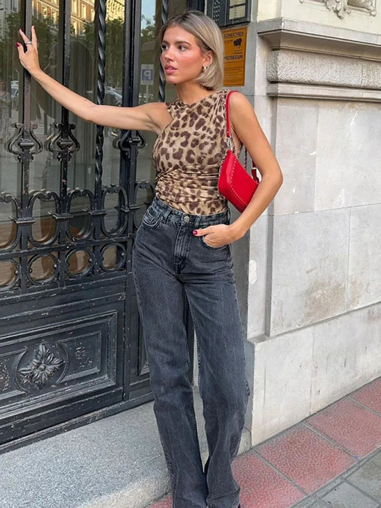 Leopard Tulle Bodysuit Women Hollow Out Irregular Straps