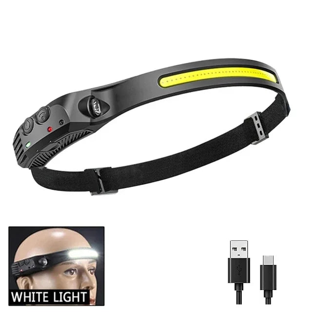 LED COB Induction Headlamp USB Rechargeable Waterproof 5 Modes White-Red-Yellow