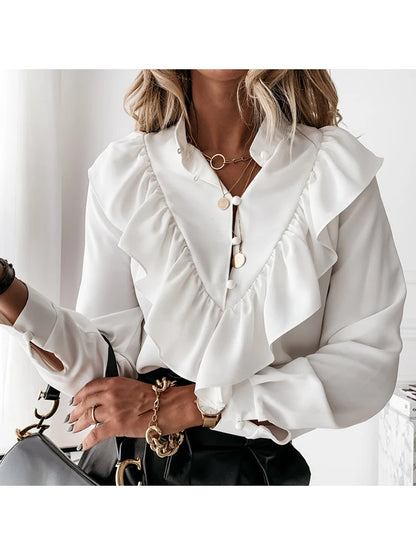 Leopard Print Ruffle Blouse Long Sleeve V Neck Office Top