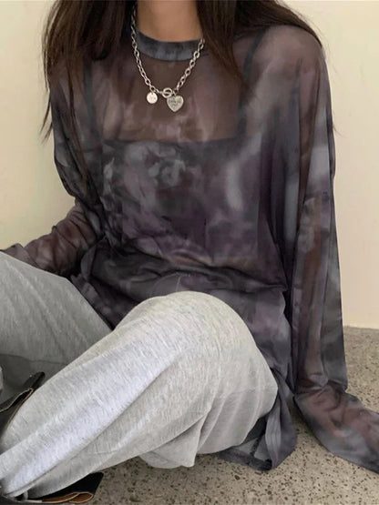 Women Tie Dye T Shirt Long Sleeve Loose Fit Chic DozwCN