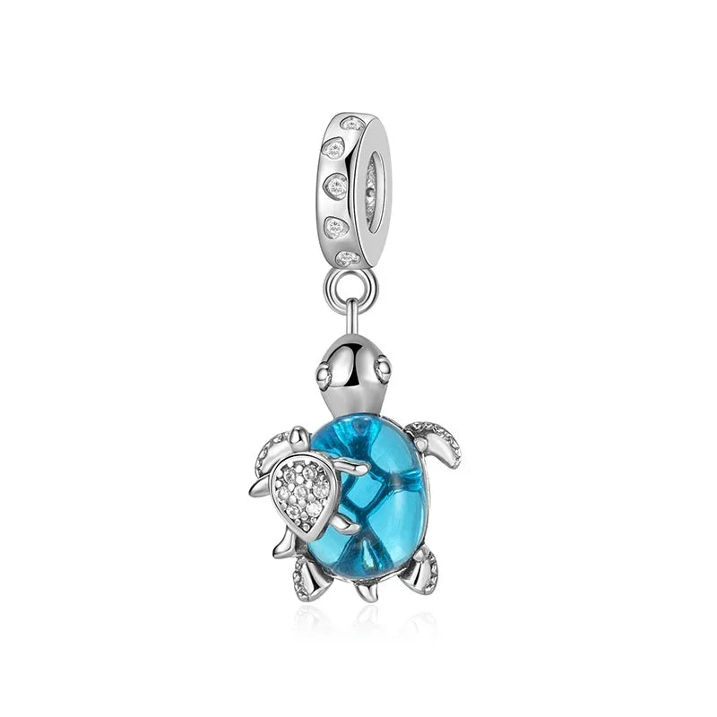 Summer Murano Glass Sea Turtle Dangle Charm Colorful Crystal Zircon Pendant 925 Sterling Silver Fine Jewelry for Original Bracelets