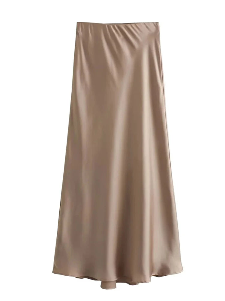 Black Satin High Waist Midi Skirt For Women Office Summer