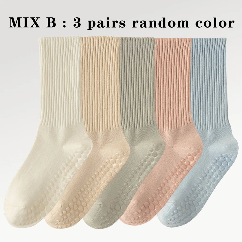 3 Pairs Cotton Anti Slip Yoga Socks Medium Length For Women
