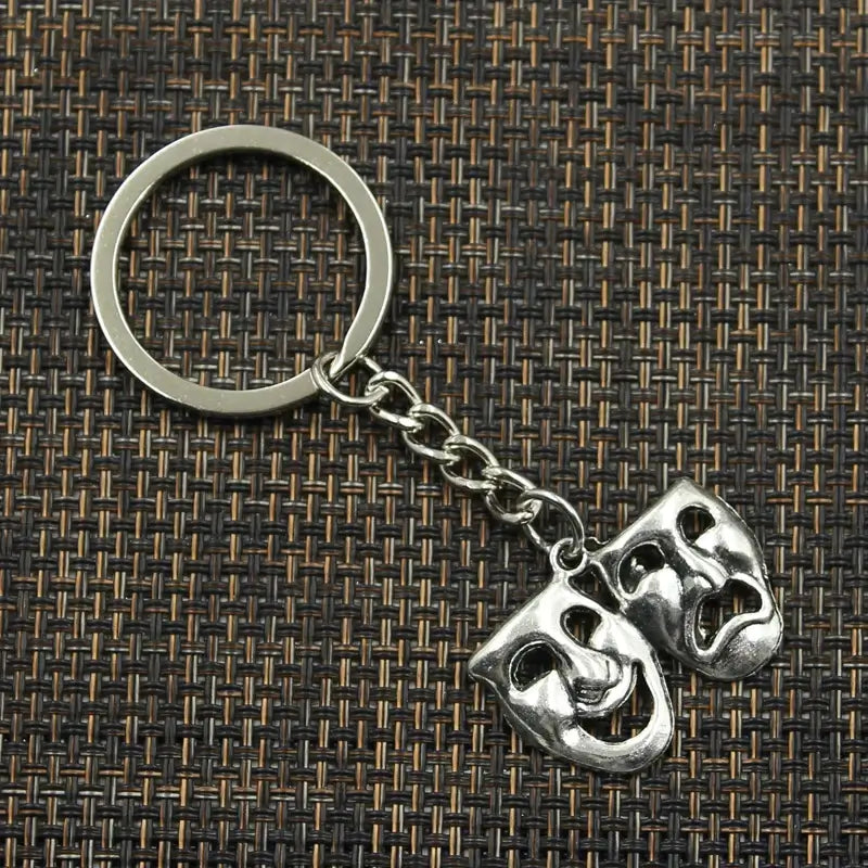 Fashion Metal Keychain with Comedy Tragedy Masks Pendant 30mm silver