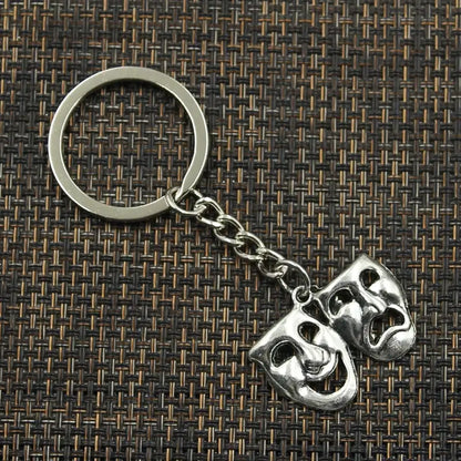 Fashion Metal Keychain with Comedy Tragedy Masks Pendant 30mm silver