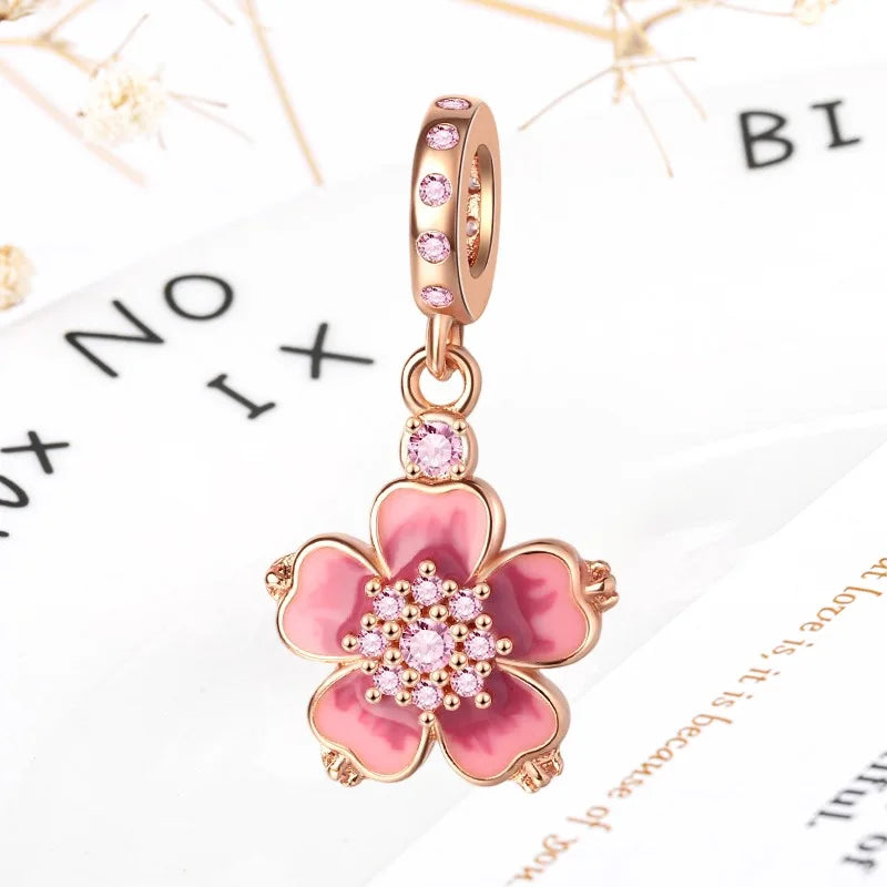 Rose Gold Winged Angel Heart Charm Bead Pink Daisy Spacer
