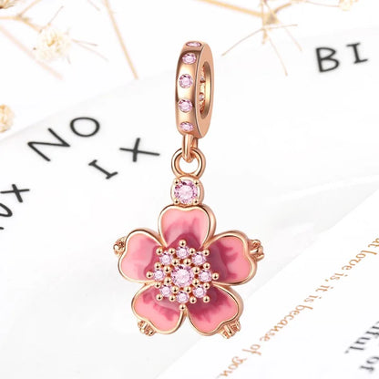 Rose Gold Winged Angel Heart Charm Bead Pink Daisy Spacer