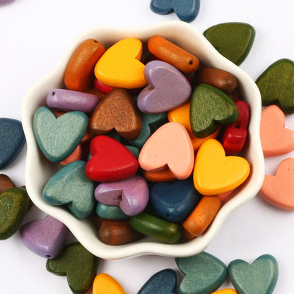 Multicolor Natural Wood Heart Shape Beads Set for DIY Jewelry and Bracelet Making
