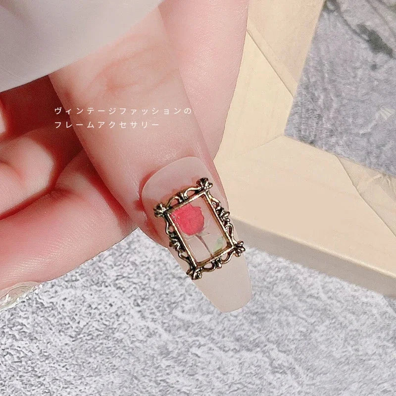 Vintage Gold 3D Charm Photo Frame Nail Art Kit with Alloy Studs - 5 Piece Set