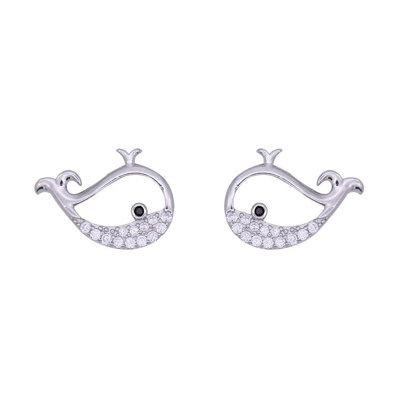 Sterling Silver Whale Stud Earrings for Women with Zircon Gemstones