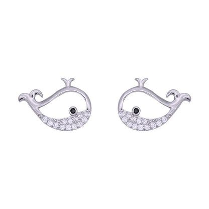 Sterling Silver Whale Stud Earrings for Women with Zircon Gemstones