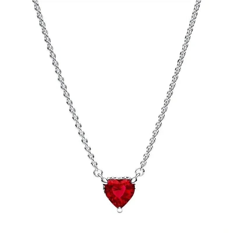 925 Sterling Silver Necklace with Colorful Bow Tie and Red Heart Zircon Pendant Classic Fashion Charm for Women