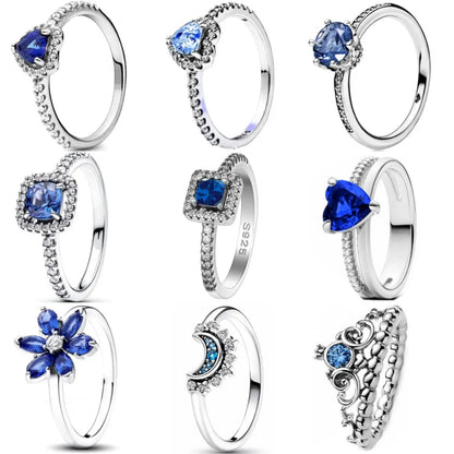 Blue Sterling Silver Zircon Ring for Women Moon Snowflake Heart Design Jewelry Gift