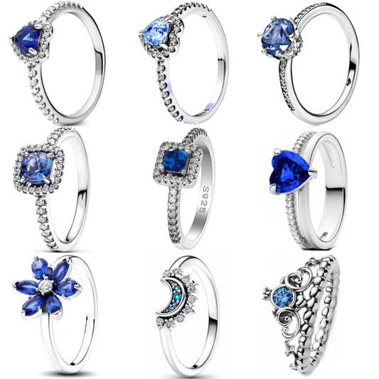 Blue Sterling Silver Zircon Ring for Women Moon Snowflake Heart Design Jewelry Gift