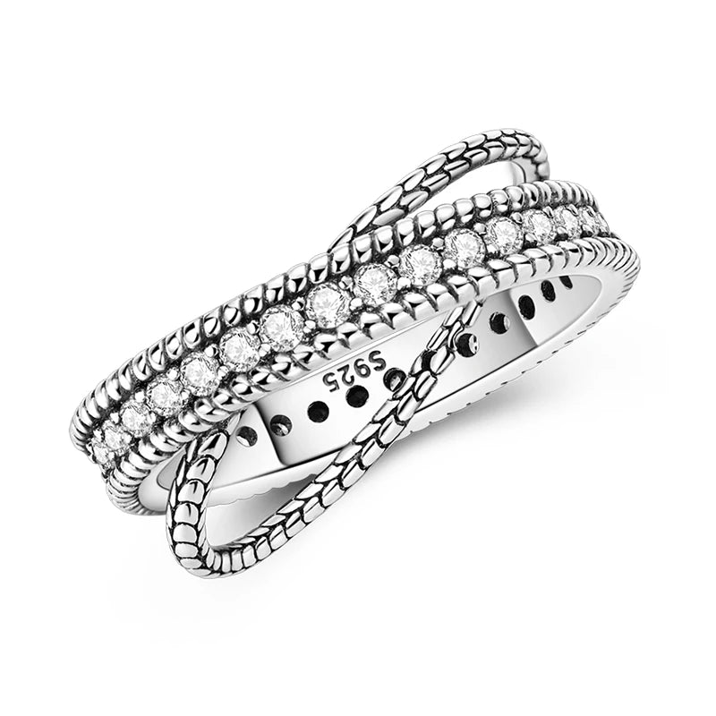 Women's Classic Geometric 925 Sterling Silver Ring with Overlapping Zircon KJR274