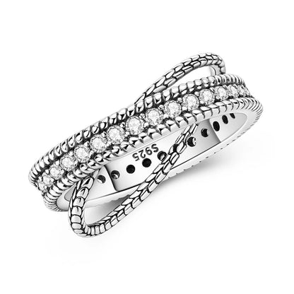 Women's Classic Geometric 925 Sterling Silver Ring with Overlapping Zircon KJR274