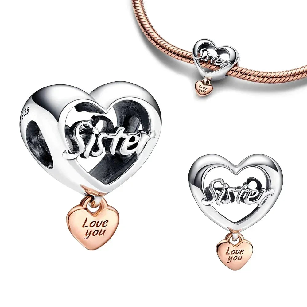 Original 925 Sterling Silver Four Leaf Clover and Heart Double Dangle Charm for Necklace and Bracelet Friendship Jewelry with Zircon Accents