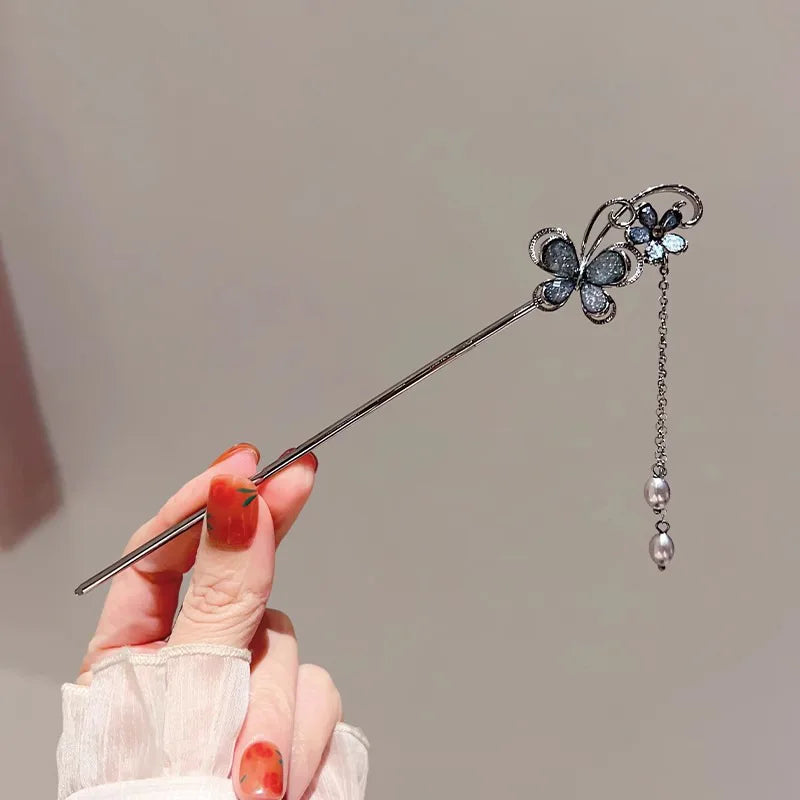 Elegant Ink Flower Tassel Hairpin Forks for Women - Modern Hanfu Hair Jewelry with Black Beads Fringe