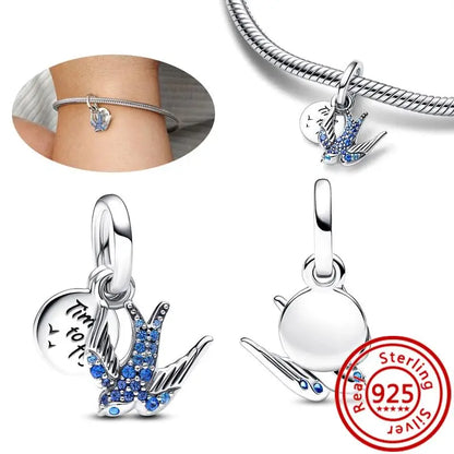 Sterling Silver Blue Zircon Feather Crown Moon Pendant Charm Bracelet Beads H194 3mm-4mm
