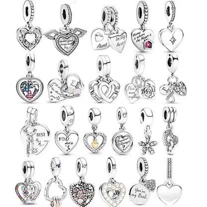 Original 925 Sterling Silver Linked Sister Hearts Openable Heart Locket Dangle Charm Beads for Necklace and Bracelet Jewelry