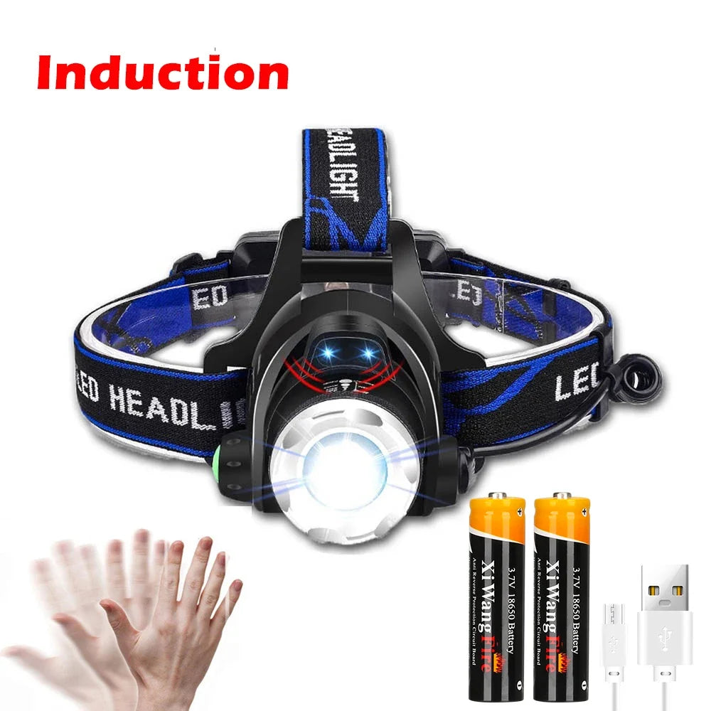 Super Bright LED Induction Headlamp USB Rechargeable Waterproof Torch Type 2 With battery