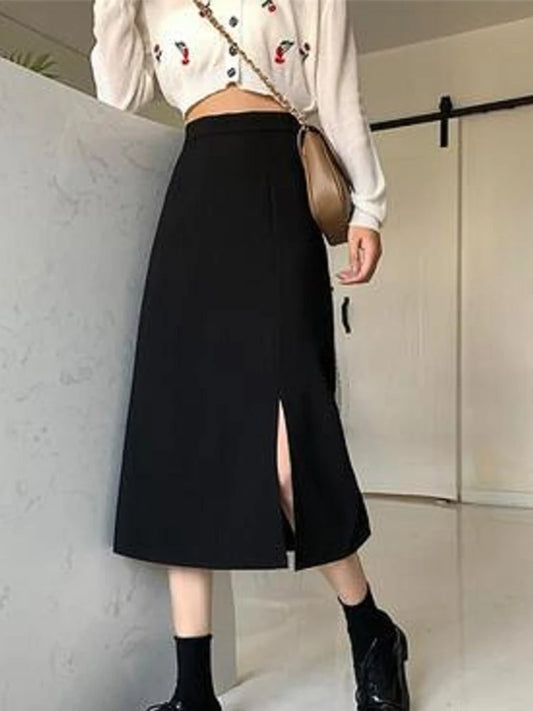 Black Mid Calf A Line High Waist Korean Skirt Women