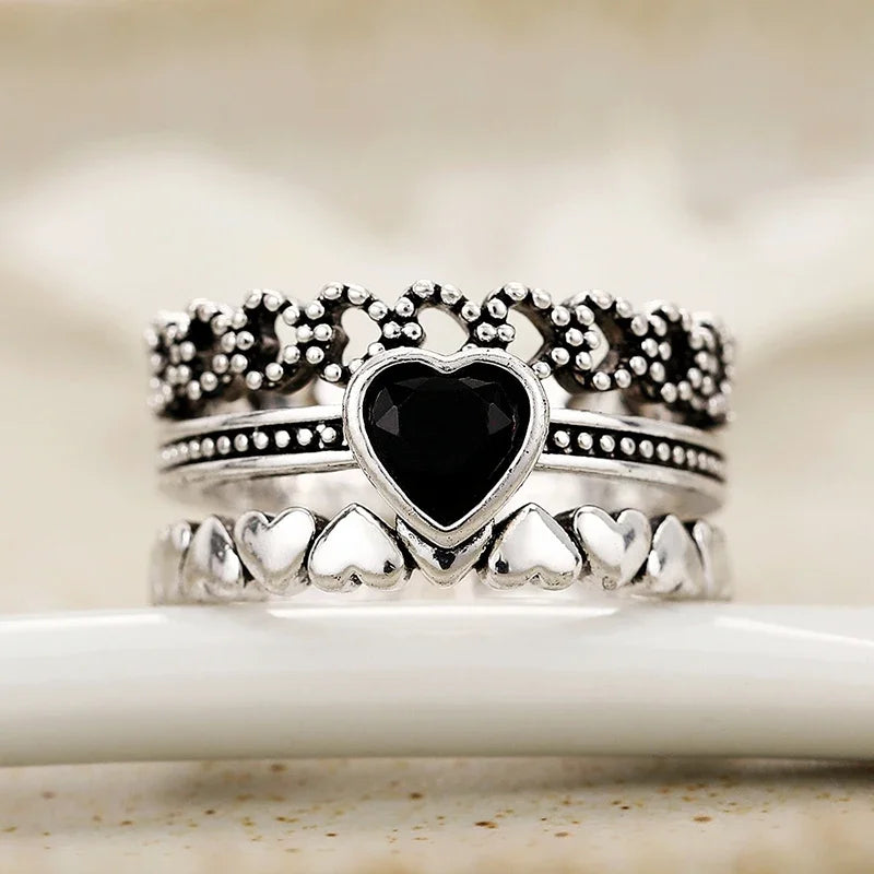 Huitan Vintage Black Heart Rings for Women - Chic Hip Hop Party Jewelry Accessories