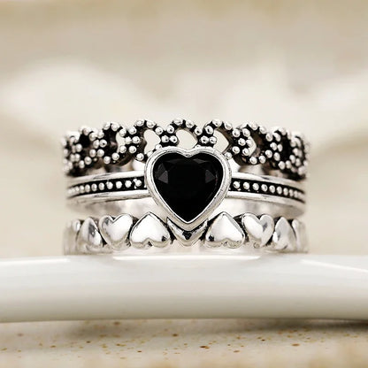 Huitan Vintage Black Heart Rings for Women - Chic Hip Hop Party Jewelry Accessories