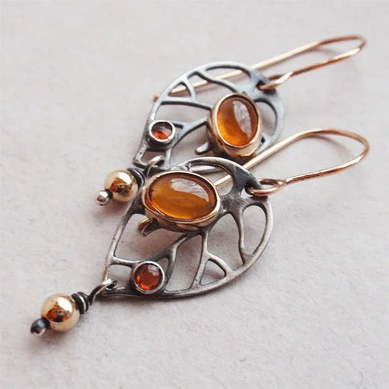 Asymmetric Bronze Red Blue Stone Drop Earrings for Women - Ethnic Statement Jewelry Gift