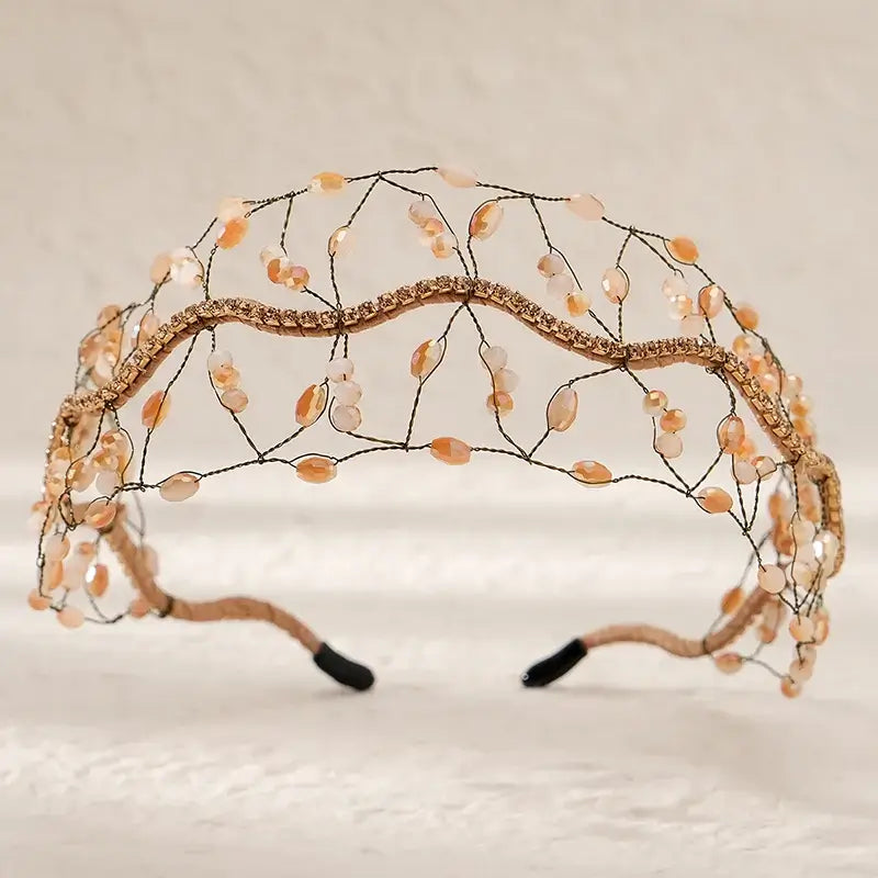 Women Luxury Crystal Bead Bridal Headband Royal Crown Tiara
