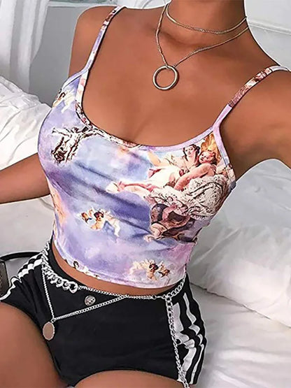 Angel Print Cropped Camisole Top for Women Sexy Streetwear