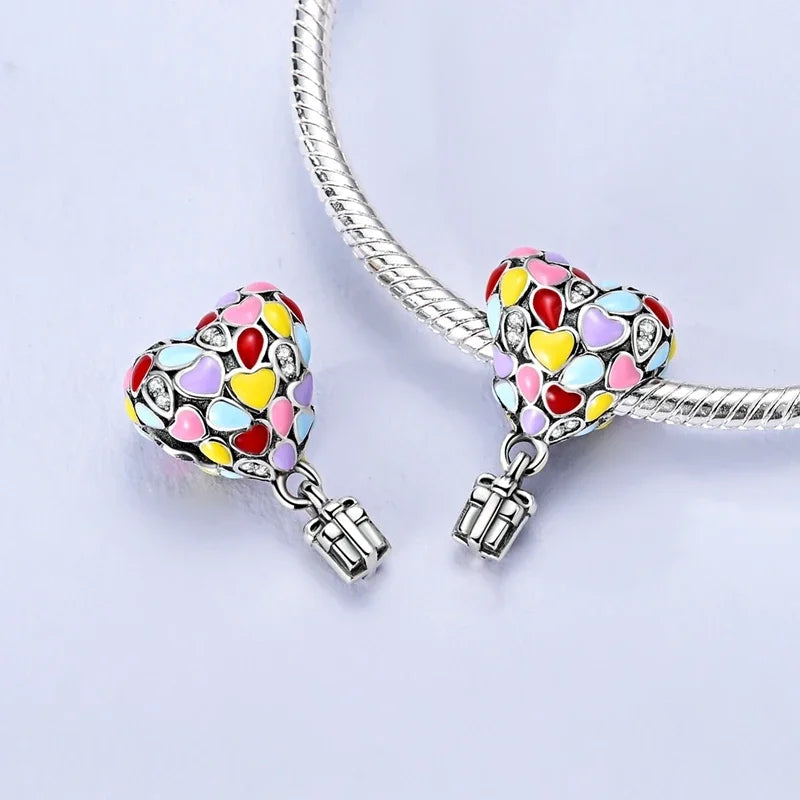 Sterling Silver Cat and Flower Heart Charm for DIY Bracelet Jewelry KTC1642