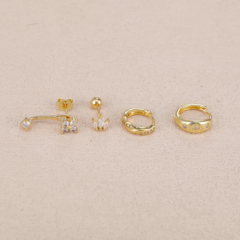 4PCS Fashion Stainless Steel Zirconia Star Huggie Hoop Earrings Set with Flower Studs for Women