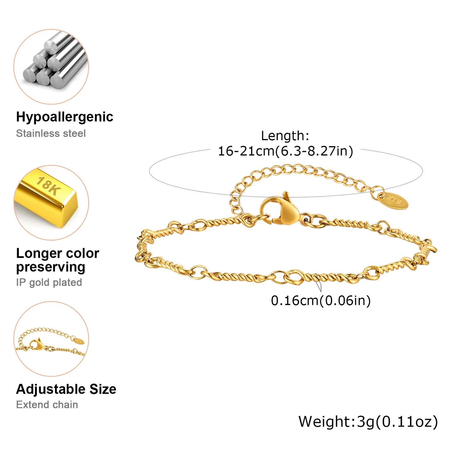 Elegant Gold Plated Link Bracelet for Women - Adjustable Stainless Steel Waterproof Jewelry