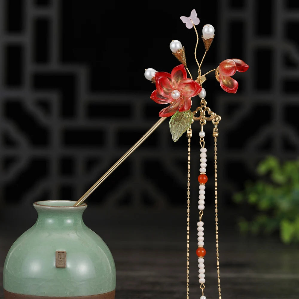 Elegant Gold Red Floral Pearl Long Tassel Hairpins Bridal Chinese Wedding Headpiece