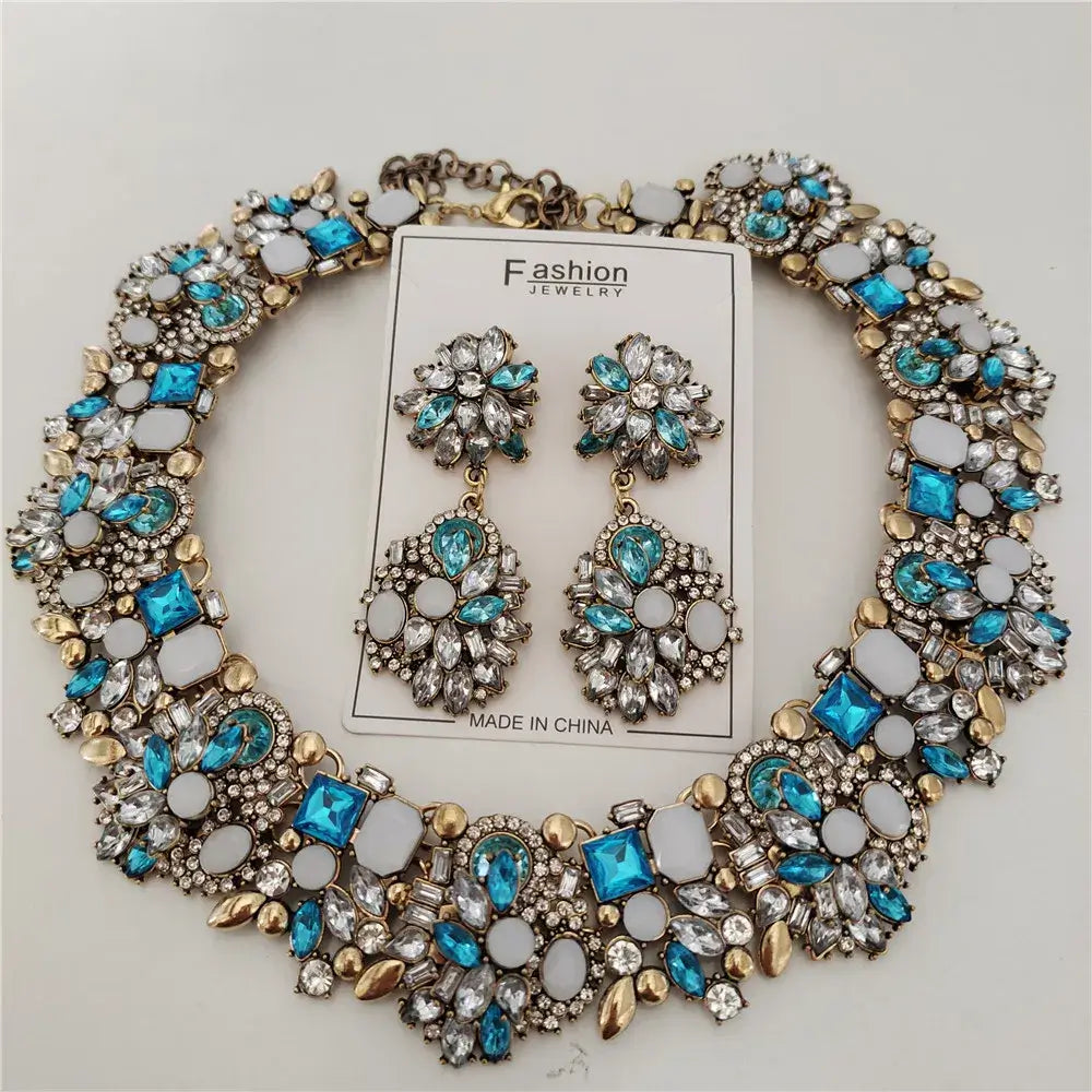 Indian Ethnic Crystal Rhinestone Necklace Earrings Set for Bridal 2024 Light Blue Sets