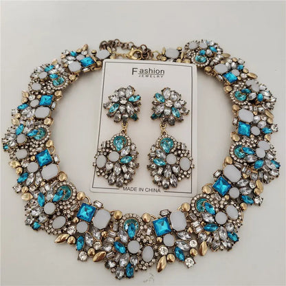Indian Ethnic Crystal Rhinestone Necklace Earrings Set for Bridal 2024 Light Blue Sets
