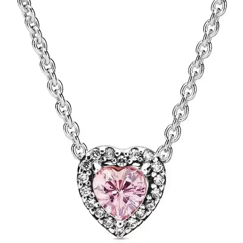New 925 Sterling Silver Heart Shaped Earrings Rings Necklaces Pink Red Rainbow Luxury Set Sparkling Charm Jewelry Gifts COLOR