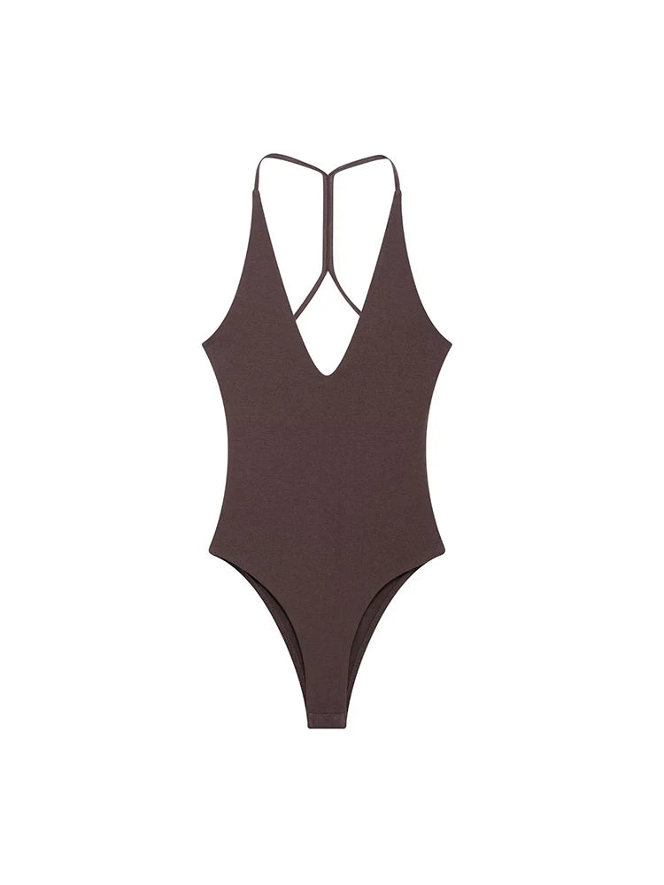 Women Solid Backless Bodysuit Slim V Neck Sling Top