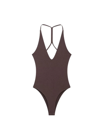 Women Solid Backless Bodysuit Slim V Neck Sling Top